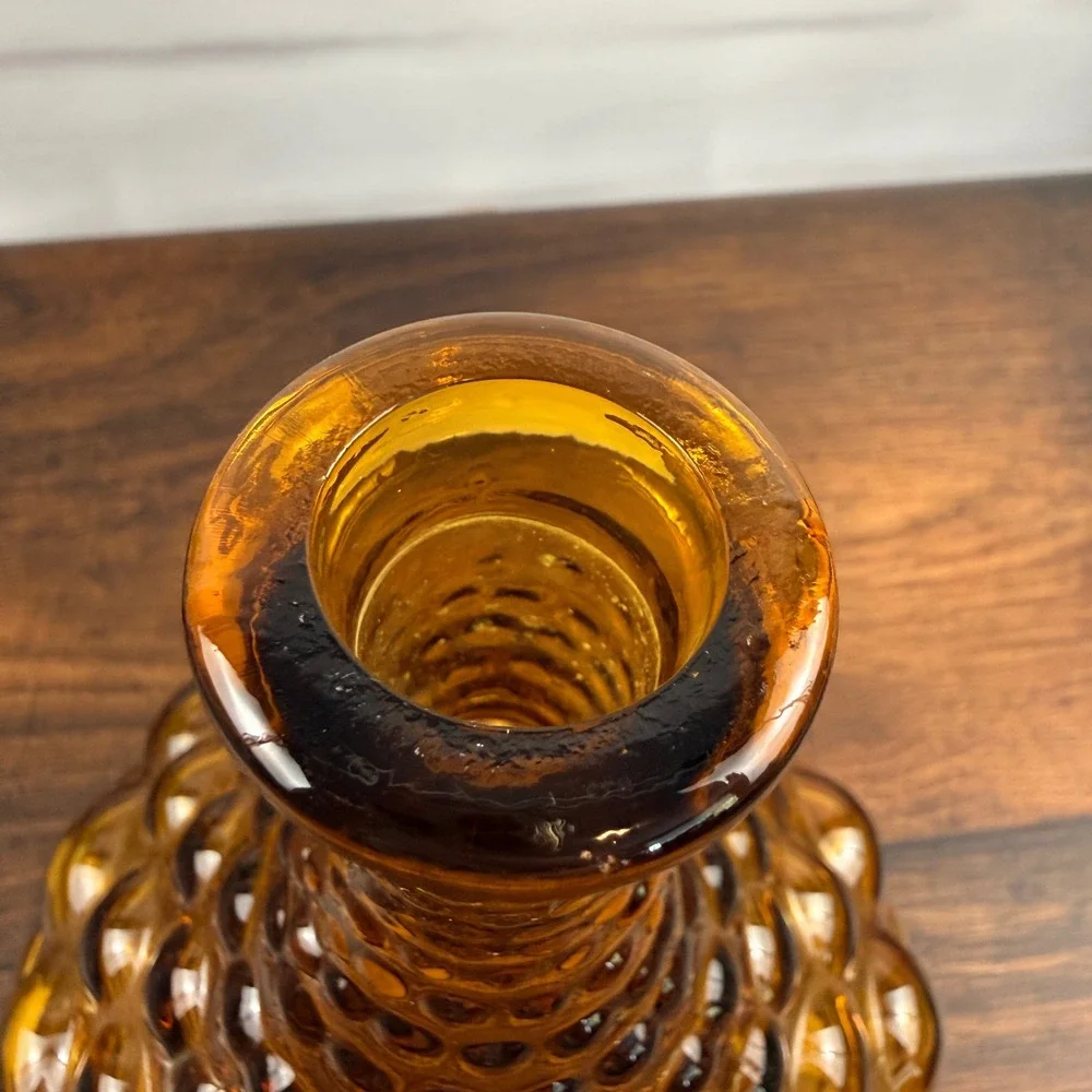 Empoli Large Bubble Squat Amber Genie Bottle Decanter Italian Glass MCM